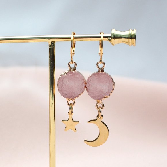 Moon & Star Pink Resin Cuff Stainless Steel Earrings - Picture 4 of 5